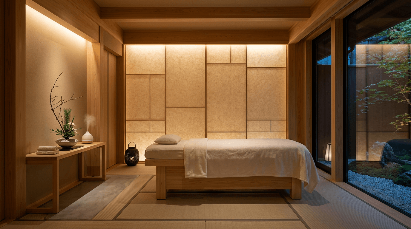 和モダンな高級エステサロンの施術室。木の温もりと間接照明が落ち着いたラグジュアリーな空間